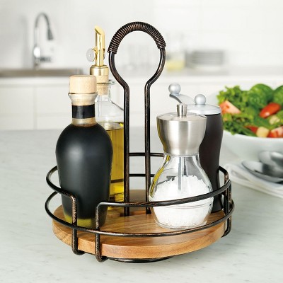Antique Black Rotating Condiment Caddy with Acacia Wood Insert