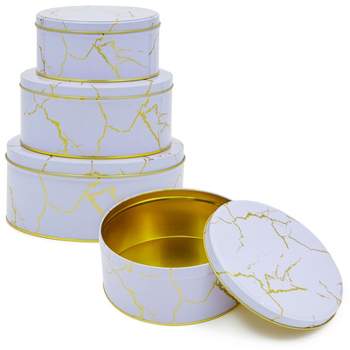 Juvale Set of 3 Marbled Round Nesting Tins with Lids, Circular Metal Kitchen Storage Containers for Cookies and Popcorn in 3 Sizes, Lavender and Gold