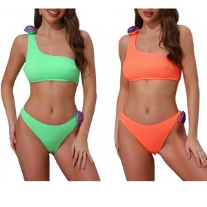 INSPIRE CHIC Women's 3D Rose Floral One Shoulder Ribbed Triangle Bottoms Swimwear Bathing Bikini Suits 2 Sets - 1 of 4
