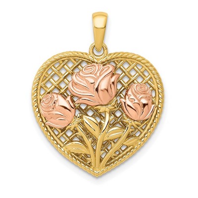 Black Bow Jewelry 14k Yellow Gold and Rose Gold Roses Heart Pendant, 20mm