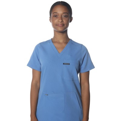 Members Only Womens Scrub Top With Double Chest And Pouch Pocket - Ceil Blue
