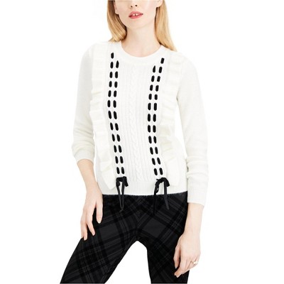 maison Jules Womens Ruffle Lace Pullover Sweater, Off-White, XX-Small