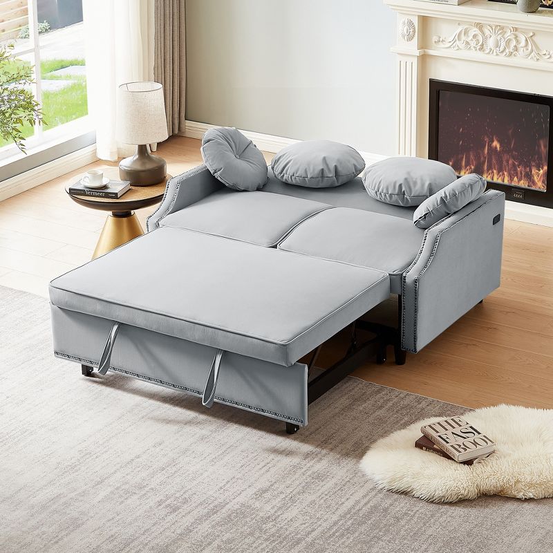 54.7" Multiple Adjustable Positions Sofa Bed with a Button Tufted Backrest, Two USB Ports and Four Floral Lumbar Pillows, 4A -ModernLuxe, 4 of 17
