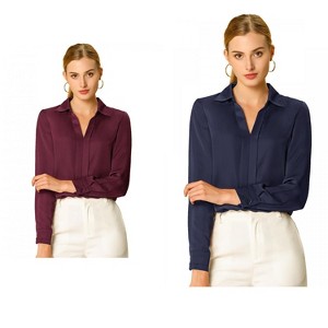 INSPIRE CHIC Women's Elegant V Neck Long Sleeve Office Work Satin Shirt 2 Packs - 1 of 4