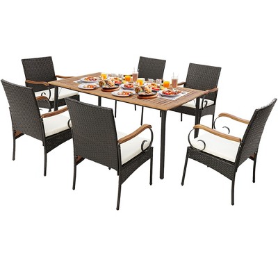Tangkula 7PCS Wicker Dining Set Cushion Acacia Wood Armrests Table w/ Umbrella Hole Patio