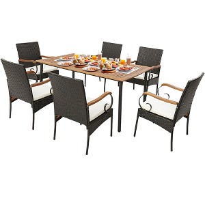 Tangkula 7PCS Wicker Dining Set Cushion Acacia Wood Armrests Table w/ Umbrella Hole Patio - 1 of 4