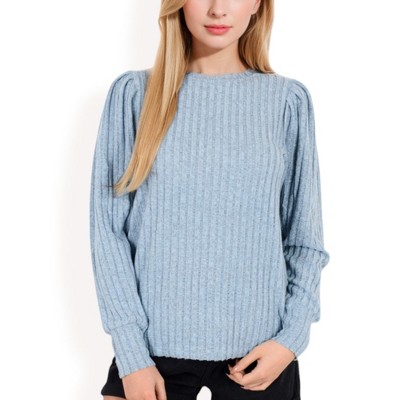 Anna-Kaci Women's Long Sleeve Ribbed Knit Sweater with Gathered Shoulders - X Large, Blue