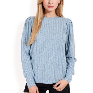 Anna-Kaci Women's Long Sleeve Ribbed Knit Sweater with Gathered Shoulders - 1 of 4