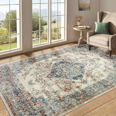 Boersma Area Rug 5x7 Vintage Bohemia Large Persian Non-slip Washable Rug For Living Room Kitchen Bedroom Living Room Flower Design Blue