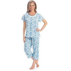 Collections Etc Comfy Floral Print Lace Detailed 2-Piece Capri Pajama Set - 1 of 4