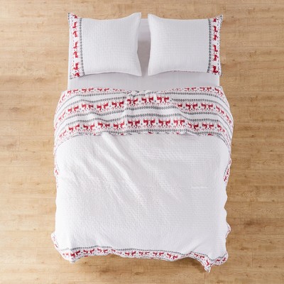 King Size White and Red Microfiber Reversible Holiday Quilt Set