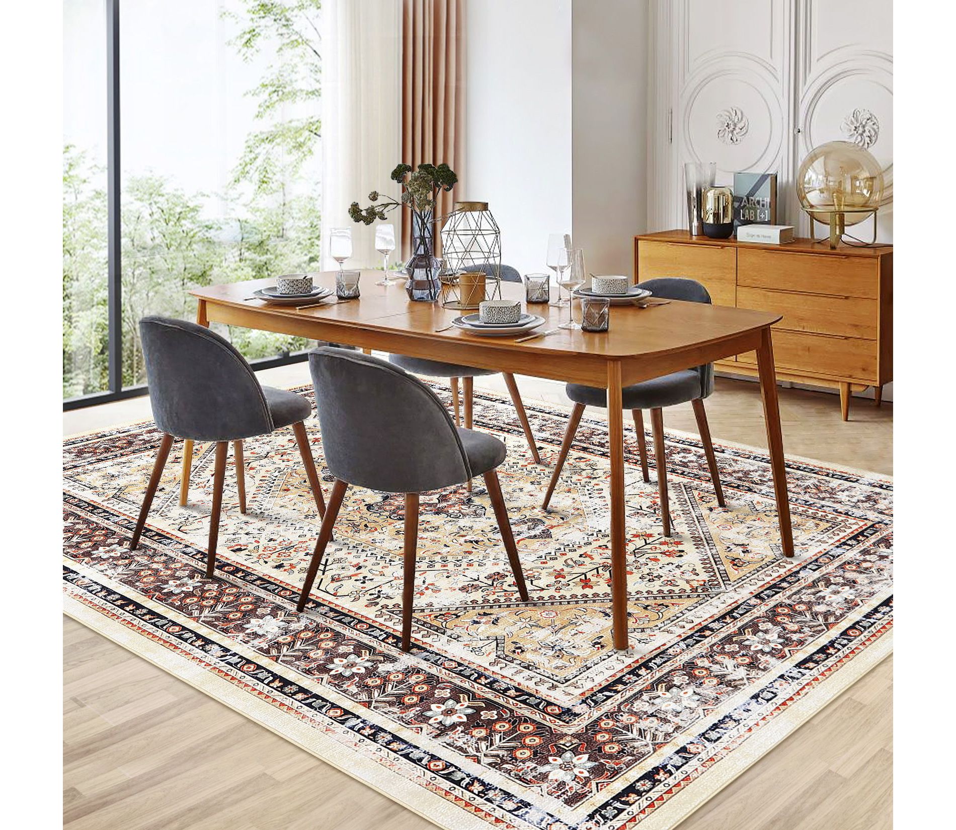 Living Room Area Rug 8x10 Machine Washable Vintage Boho Soft Area Rug Low Pile Non Slip Large Rug for Living Room, Bedroom, Dining Room