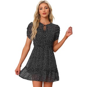 Allegra K Women's Chiffon Ruched Sleeves Bow Tie Keyhole Front Elastic Waist Polka Dots Mini Dress - 1 of 4
