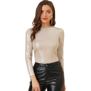 Allegra K Women's Long Sleeve Puff Sleeve Party Glitter Shiny Metallic Tops - 1 of 4