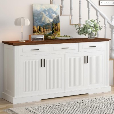 Angel Sar 63'' Farmhouse Sideboard Buffet Cabinet with Storage, Fluted Kitchen Cabinet with 4 Doors, 3 Drawers & 2 Adjustable Shelves, White