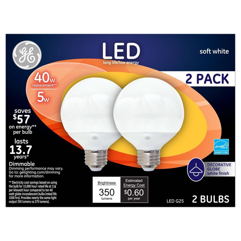 GE LED 40w 2Pk G25 Globe Light Bulb White, 1 of 4