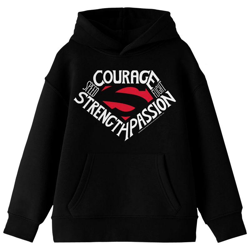 Superman Courage Strength & Passion Distressed Logo Long Sleeve Black Youth Hooded Sweatshirt, 1 of 4