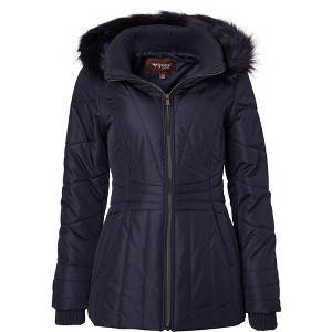 Sportoli Womens Winter Coat Faux Fur Trim Hooded Down Alternative Puffer Jacket - 1 of 4