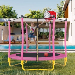 Okak 5.5FT Kids Trampoline with Enclosure Net, Mini Trampoline with Basketball Hoop and Ball, Trampolines for Indoor and Outdoor Use - 1 of 4