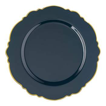 Smarty Had A Party 10.25" Navy with Gold Rim Round Blossom Disposable Plastic Dinner Plates (120 Plates)