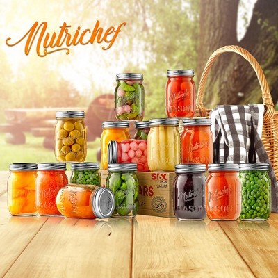 NutriChef 16-Piece Clear Glass Mason Jars with Silver Lids for Meal Prep