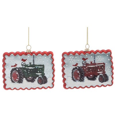 Transpac Glass Vintage Tractor Ornament Set of 2 Christmas Home Decorations