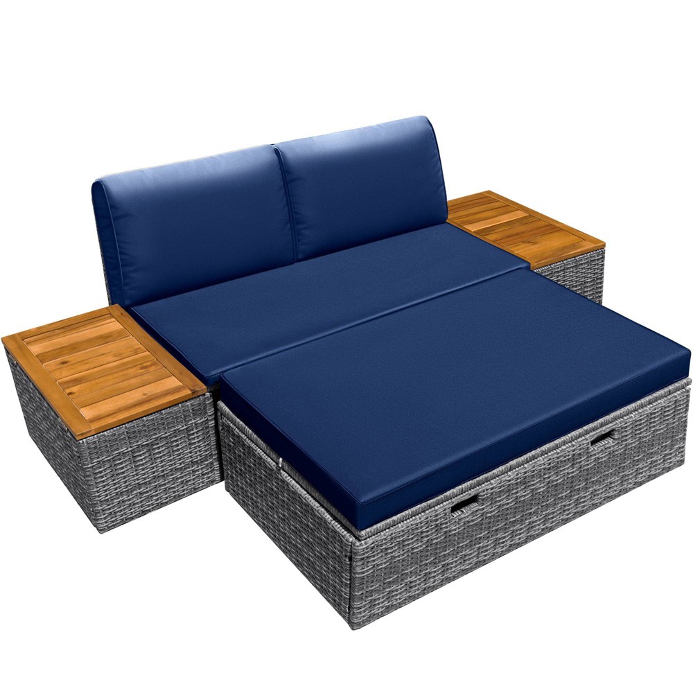 Photos - Garden Furniture Devoko 3pc Rattan Daybed Outdoor Patio Lounge Furniture Set Blue