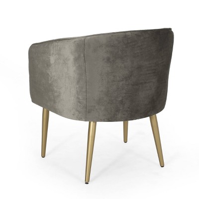 Gray Velvet Upholstered Arm Chair with Gold Metal Legs