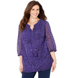 Catherines Women's Plus Size Ruffle Neck Peasant Blouse - 1 of 4