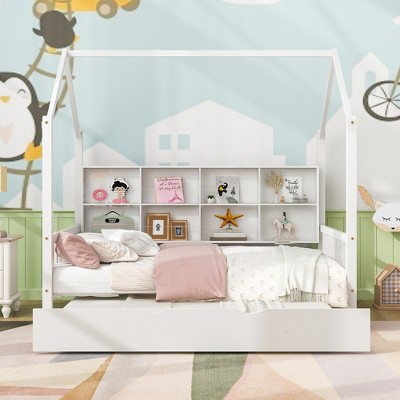 Wooden Twin Size House Bed With 2 Drawers, Storage Shelf Kids' Bed, Multifunctional Sky Roof House Bed Frame