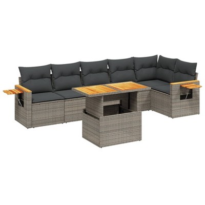 vidaXL 7 Piece Patio Sofa Set with Cushions - Gray Poly Rattan