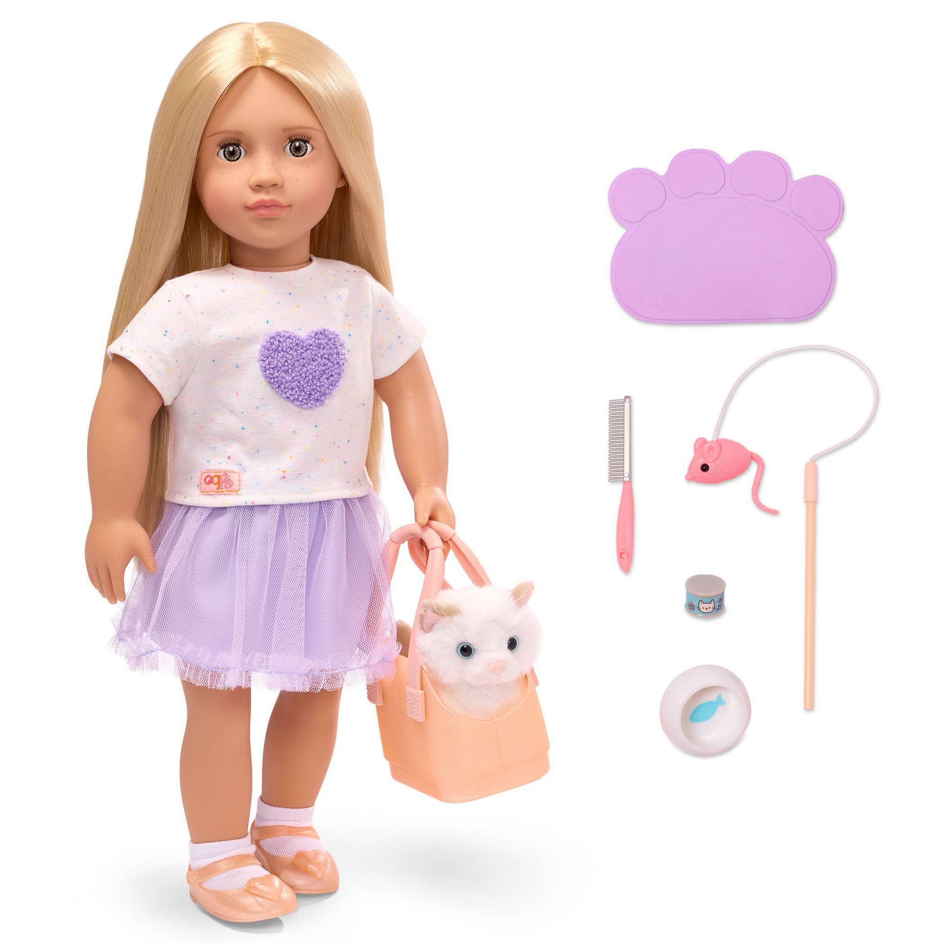 Our Generation Beatrice and Pet Kitty Bitsy 18" Doll with Cat Plush and Carrier Accessories - Light-Blonde Hair/Hazel Eyes