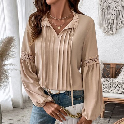 Women's Elegant Lace Trim V Neck Blouse Long Sleeve Ruffle Detail Solid Color Dressy Shirt for Work