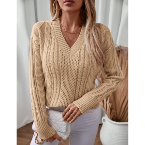 Women's Sweater Casual v Neck Long Sleeve Knit Tops Fall Winter Pullover Sweatshirts - 1 of 4