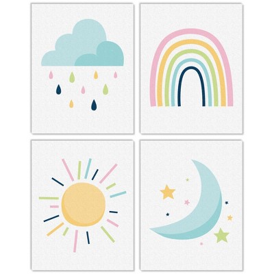 Big Dot of Happiness Colorful Children's Decor - Unframed Rainbow, Cloud, Sun, and Moon Linen Paper Wall Art - Set of 4 - Artisms - 11 x 14 inches