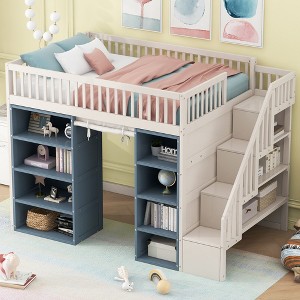 Full Size Loft Bed with 2 Four-layer Storage Cabinets, Curtain and Multi-Functional Storage Staircase, White+Blue-ModernLuxe - 1 of 4