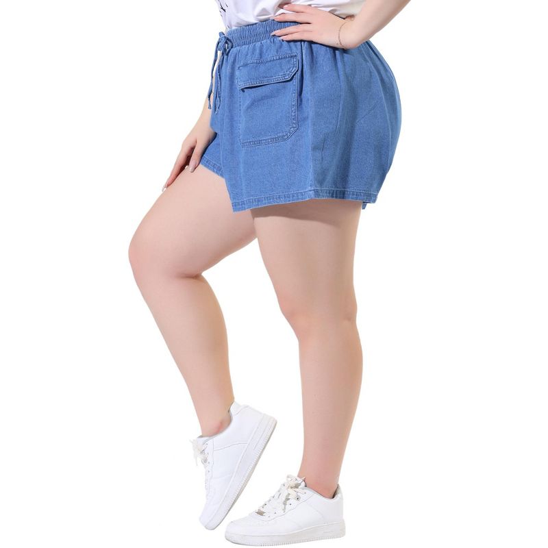 Agnes Orinda Plus Size Women Summer Denim Drawstring Elastic Waist Pockets Loose Jeans Short, 3 of 7