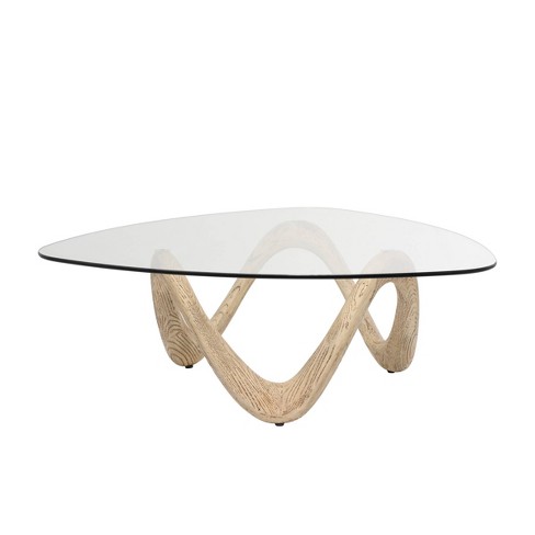 Olivia & May Cement Abstract Coffee Table with Abstract Wavy Base and Triangular Glass Top Beige - image 1 of 4