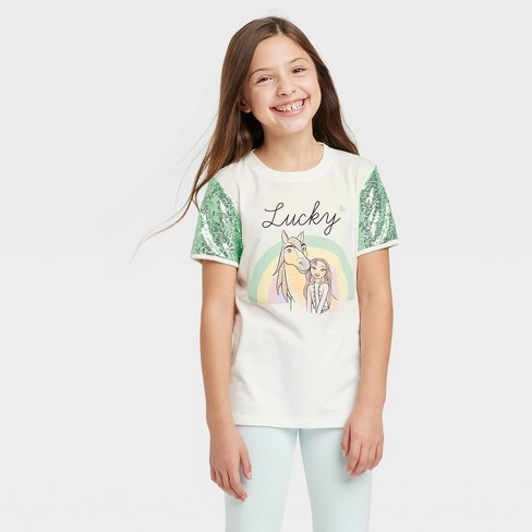 Girls' Spirit Riding Free Sequin St. Patrick's Day Short Sleeve Graphic T-Shirt - White - image 1 of 3