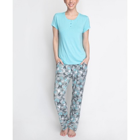 Hanes Comfort Supreme PJ Set, Aqua/Butterfly, L