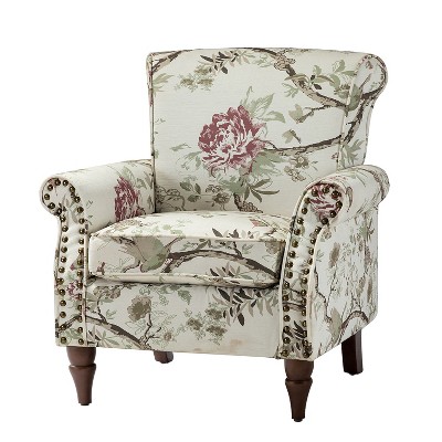 Araceli Traditional Wooden Upholstered Floral Armchair with Wingback and Nailhead Trim | ARTFUL LIVING DESIGN