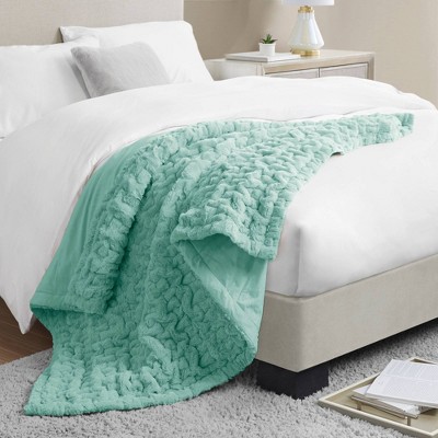 Aqua Ruched Faux Fur Reversible Throw Blanket 50x60"