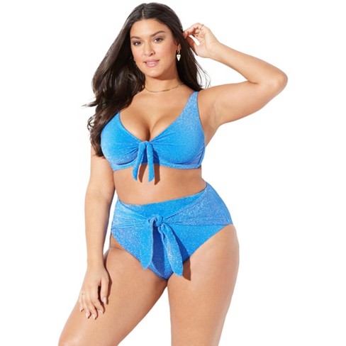 Swimsuits for All Women’s Plus Size Shimmer Tie Front Underwire Bikini Top,  10 - Blue With Speckle