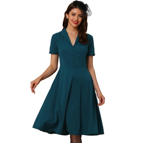 Женские платья INSPIRE CHIC Women's Vintage Flat Collar V Neck Short Sleeve Belted 1950s Flare Dress Small Peacock Blue