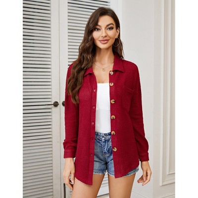 Waffle Button Down Shirt Women Dressy Casual Knit Tops Long Sleeve Loose Fit Shacket with Pocket