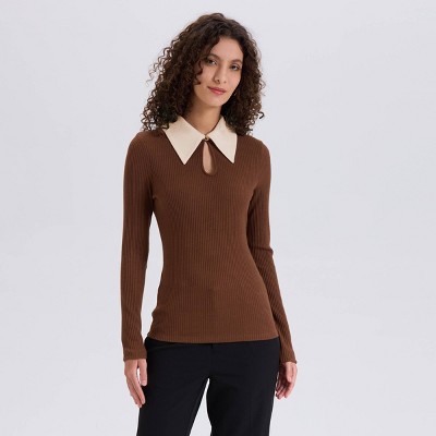 Women's Long Sleeve Rib-Knit Contrast Collared Top - A New Day™