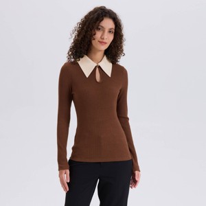 Women's Long Sleeve Rib-Knit Contrast Collared Top - A New Day™ - 1 of 4
