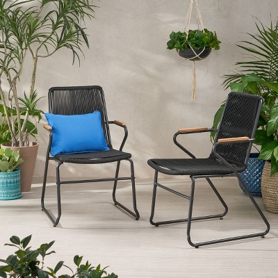 Modern Black Rope Weave Club Chairs with Iron Frame, Set of 2
