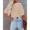 Women's Round Neck Short Sleeve Sweater Summer Casual Puff Sleeve Pullover Knit Top - 2 of 4