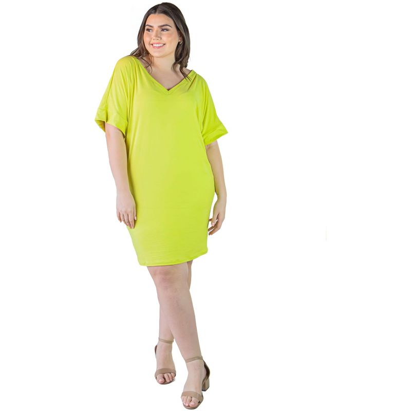 24seven Comfort Apparel Plus Size Solid Color Loose Fit V Neck T Shirt Style Knee Length Dress, 5 of 7